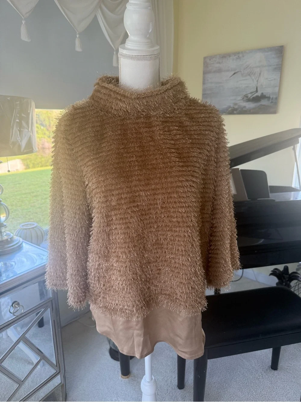 Vince Camuto tan brown textured eyelash knit, fluffy cowl neck tunic sweater